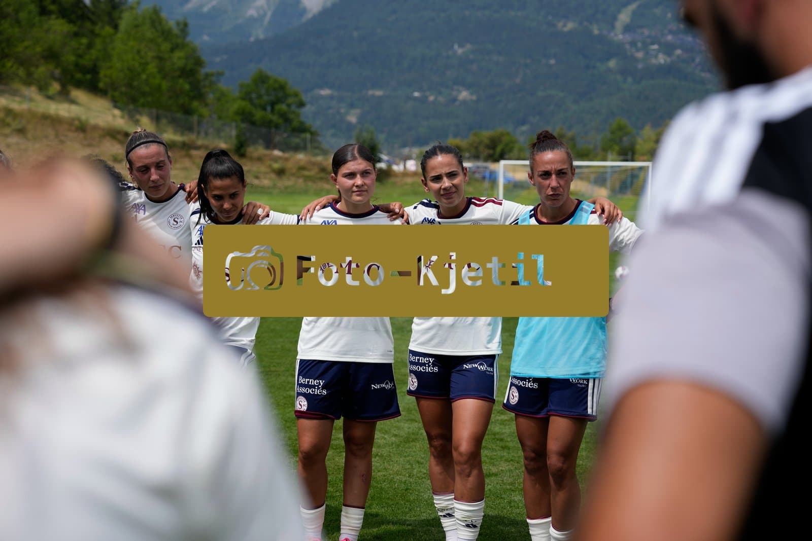 Crans-Montana, Switzerland - July 25: Gloria Marinelli (9 SFCCF), Chiara Wallin (20 SFCCF) and Daina Bourma (3 SFCCF) and the team after the AXA Women's Super League match between Servette FC Chenois Feminin and FC Sion Feminin at Stade du Christ-Roi on July 25, 2026 in Crans-Montana, Switzerland.